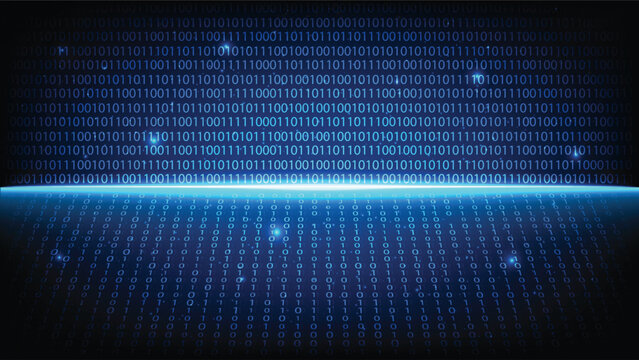Abstract digital technology background featuring a bright neon horizon light line and binary code grid