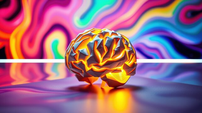 Abstract brain sculpture glows, cracks illuminate interior. Colorful fluid backdrop creates vibrant, dynamic scene. Reflections enhance visual impact.