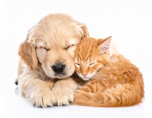 Fototapeta premium Cute golden retriever puppy and orange kitten sleeping together isolated on white