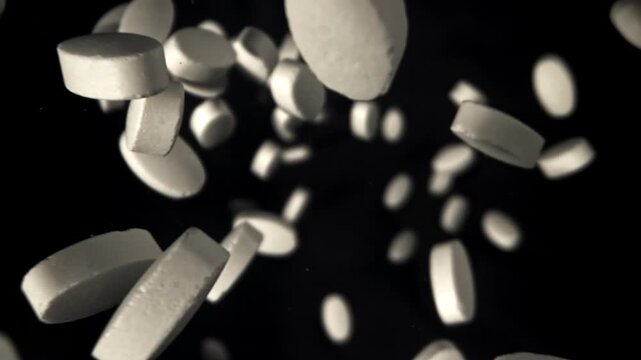 Falling white round tablets on black. Dramatic high contrast footage Filmed on a high-speed camera at 1000 fps.