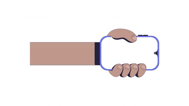 Outstretched black hand with phone mockup in landscape orientation user interaction animation. Horizontal shaking. Animated mobile UX explainer. Blank smartphone 4K video. Tutorial 2D motion graphic