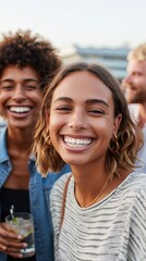 Fototapeta premium Two smiling women enjoying a social gathering outdoors, one with curly hair and the other with wavy hair, both dressed casually with drinks in hand