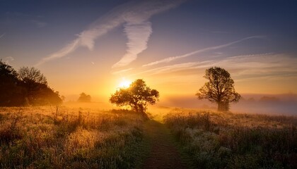 Fototapeta premium Golden Sunrise Illuminates A Misty Meadow Path Trees Silhouetted Against A Radiant Sky