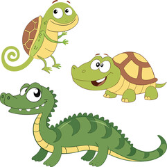 Obraz premium Set of cute smiling cartoon reptiles vector illustration for children's books