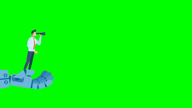 AI help business success, future of AI working with humanity, robot automation or innovation support. AI. Robot hand holding businessman to see opportunity. 2d flat animation. Video. Alpha channel