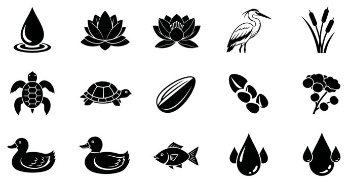 Pond life black silhouettes water plants birds turtles fish and ducks