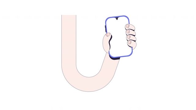 Comic flexible hand holding blank phone user interaction animation. Funky curved arm showing template device. Animated mobile UI UX explainer. Smartphone guidance 4K video. Tutorial 2D motion graphic