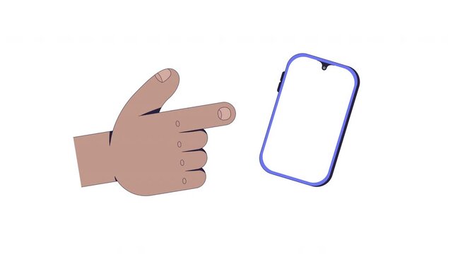 Black forefinger pointing at phone mockup user interaction animation. User guidance. Direction gesture. Animated mobile UI UX explainer. Blank screen smartphone 4K video. Tutorial 2D motion graphic