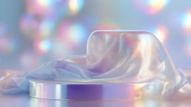Abstract composition of premium luxury silks and opalescent product podium, soft bokeh background