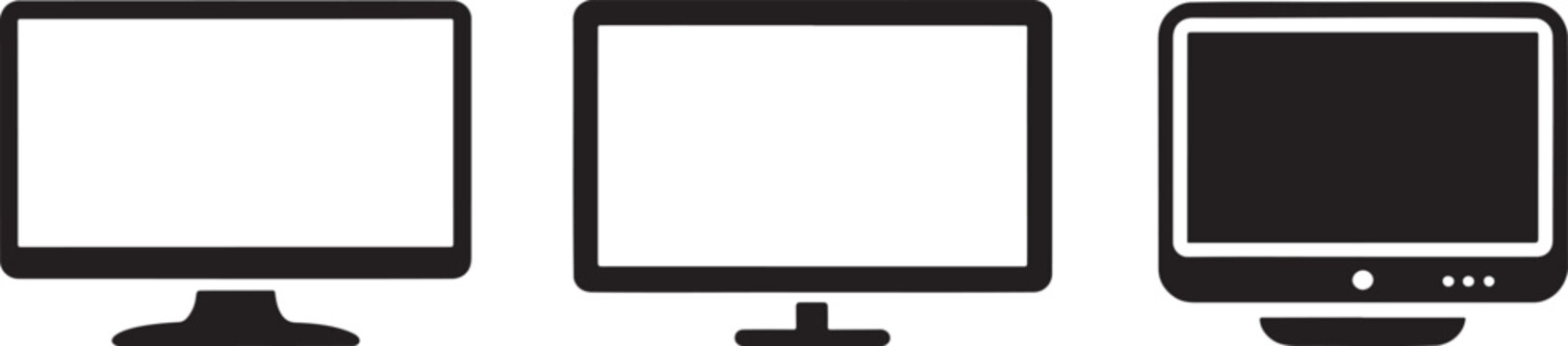 Black and White Computer Monitor Screen Icon Set on White Background