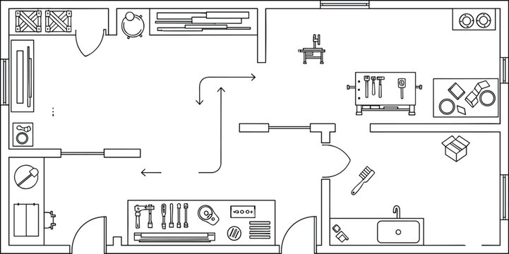Workshop Floor Plan Blueprint Vector Illustration Featuring Tool Stations Storage Areas And Industrial Workspace Layout Design