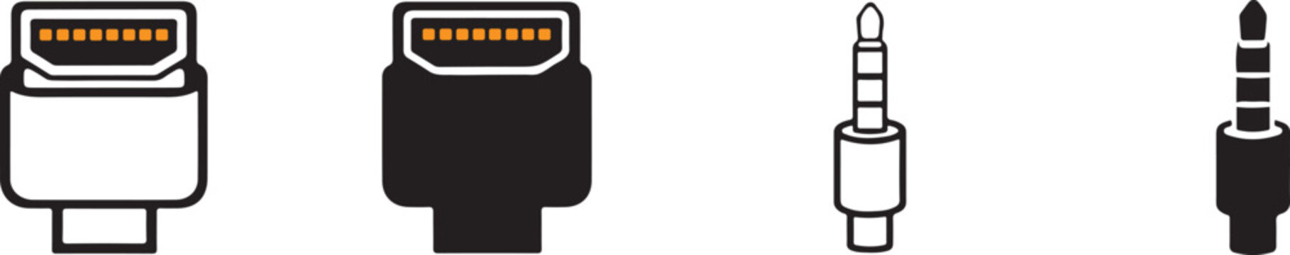Set of USB and HDMI Connectors Black Silhouettes Icons.