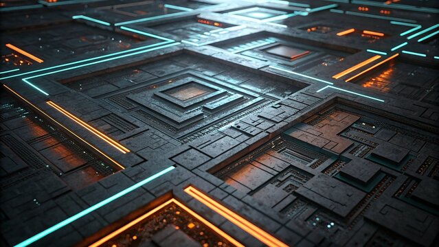 Futuristic abstract geometric circuit board with glowing orange and blue lines, digital technology background