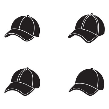 Four black baseball caps with white outlines in different angles isolated on white background