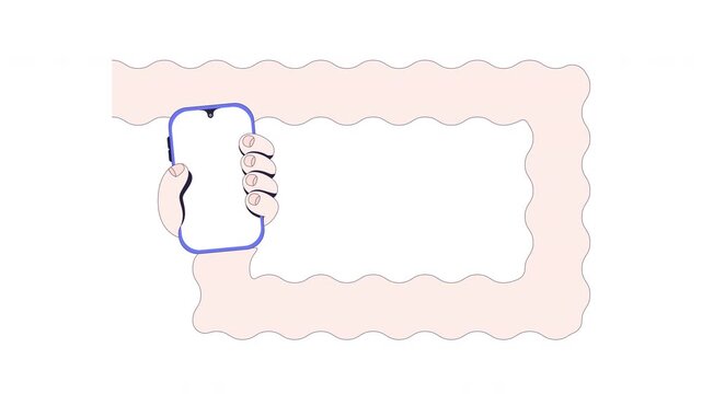 Squiggled caucasian hand holding phone mockup user interaction animation. Wavy funky style blank space. Animated mobile UI UX explainer. Smartphone guidance 4K video. Tutorial 2D motion graphic