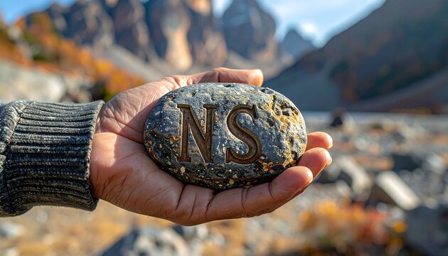 Closeup Hand Holding Engraved Stone in Mountain Valley Landscape