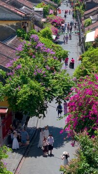 Aerial panoramic view of Hoi An city, Da Nang province, Vietnam. Panoramic footage of Hoian ancient town, UNESCO world heritage. One of the most travel popular touristic destinations 