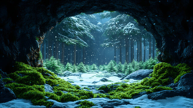Dark glowing mystery cave canyon opening filled with green moss winter forest path