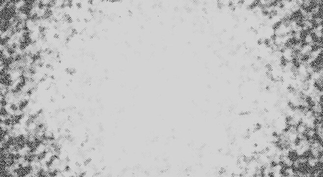 Halftone grunge frame. Distressed dotted border with comic raster noise, abstract worn edges and empty center background. Isolated on white background