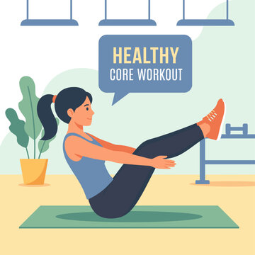 Woman doing core workout exercise flat design illustration