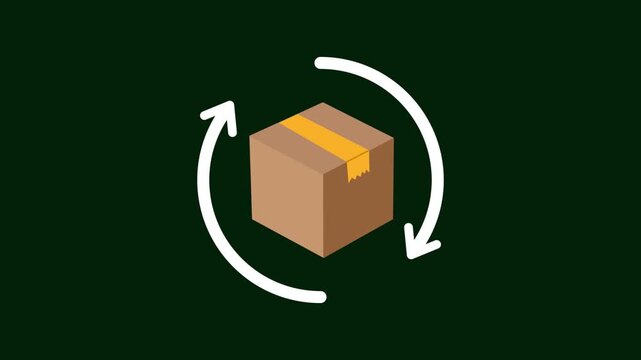 Isometric Cardboard Shipping Box with Rotating Return Cycle Arrows on Black Background