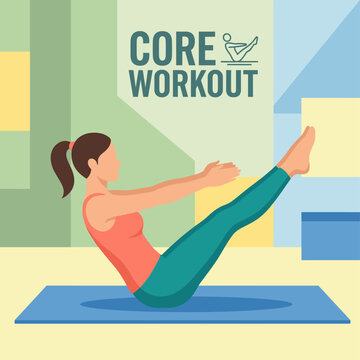 Woman doing core workout exercise on yoga mat flat design