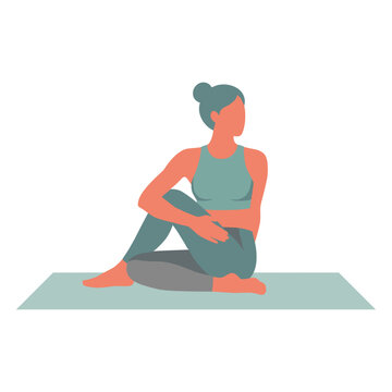 Woman doing yoga seated spinal twist pose flat design
