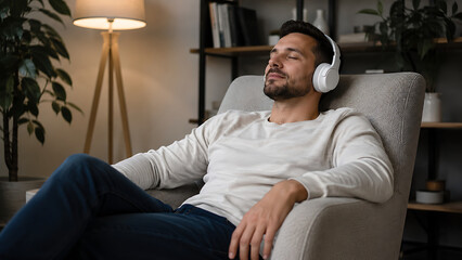 Obraz premium Man Relaxing on Sofa with Headphones for Calm Home Wellness