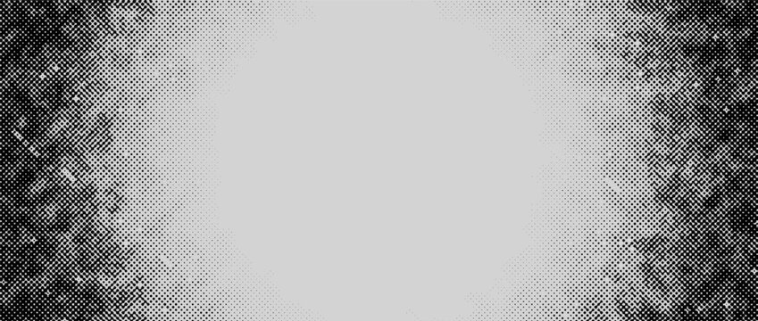 Halftone grunge frame. Distressed dotted border with comic raster noise, abstract worn edges and empty center background. Isolated on white background