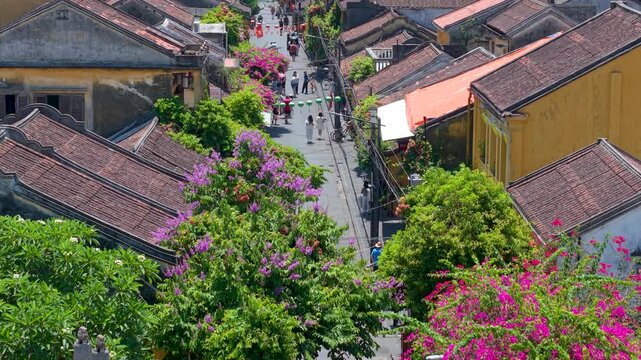 Aerial panoramic view of Hoi An city, Da Nang province, Vietnam. Panoramic footage of Hoian ancient town, UNESCO world heritage. One of the most travel popular touristic destinations 