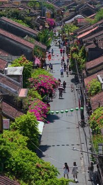 Aerial panoramic view of Hoi An city, Da Nang province, Vietnam. Panoramic footage of Hoian ancient town, UNESCO world heritage. One of the most travel popular touristic destinations 