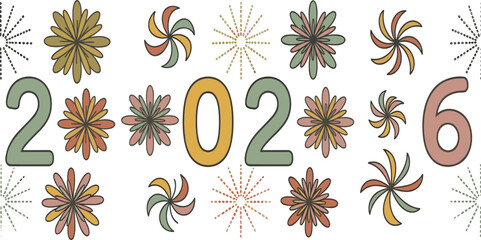 Happy New Year 2026 Typography Vector Design with Retro Groovy Flower Power Elements and Festive Starburst Pinwheel Ornaments for Calendar Graphic Layouts © MdSirazul