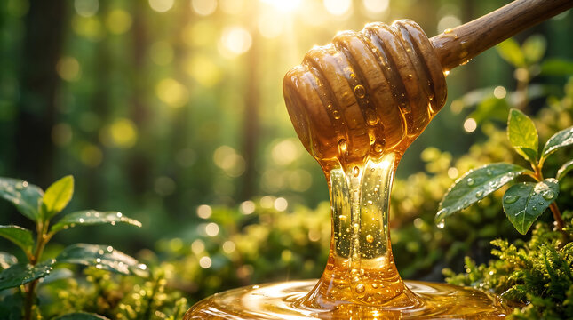 Golden honey dripping from a wooden dipper in a sunlit forest setting