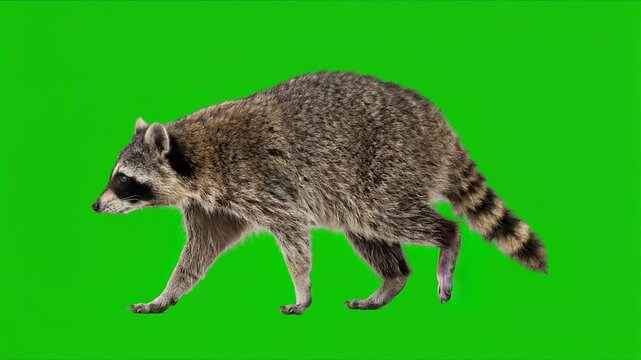 raccoon walking isolated on green background for vfx projects