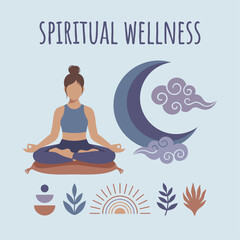 Obraz premium Woman meditating with moon and sun symbols flat design