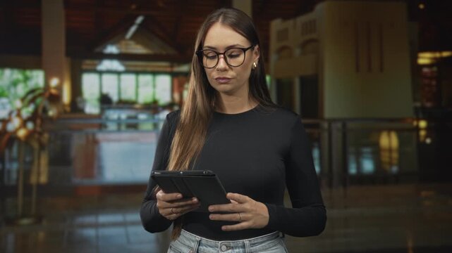 Young hispanic woman taps tablet with both hands while standing near lobby railing in building, wearing glasses and jeans; work concentration productivity.