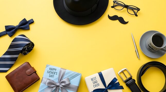 Father day gift ideas stylish accessories for dad hats ties and presents on yellow background
