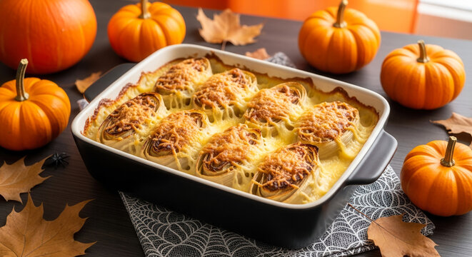 Chicon au gratin, golden baked chicory rolls with creamy cheese crust in baking dish, Halloween celebration and autumn seasonal meal
