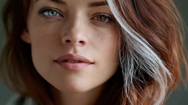 Beautiful adult woman with Waardenburg syndrome, featuring one ice-blue eye and one hazel eye, with a natural white streak in her dark auburn hair, facing the camera confidently.