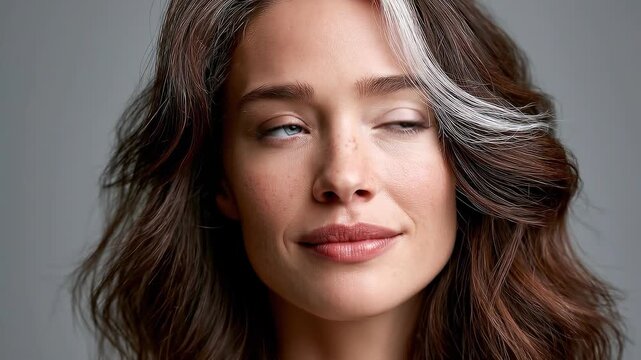 Beautiful adult woman with Waardenburg syndrome, featuring one ice-blue eye and one hazel eye, with a natural white streak in her dark auburn hair, facing the camera confidently.