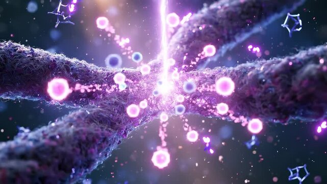 Medical video of human chromosome 2 with the PAX3 gene region highlighted by an intense electric spotlight, featuring detailed chromatin fiber texture.