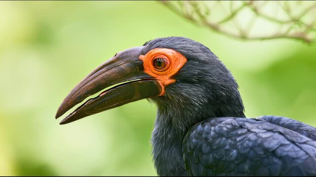 A video showcasing a vibrant bird with a large beak in its natural habitat
