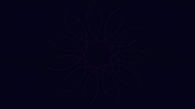 Sacred geometry mandala - seamless 4K loop. Radial symmetry with glowing 3-pass strokes on dark chakra-tinted background. For meditation, yoga, sound bath, frequency healing.