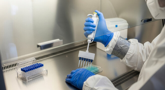 Scientists in hazmat suits doing elisa test for hantavirus in biological safety cabinet, laboratory research and biosecurity protection for diagnostic testing