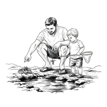 Father and Son Discover Crab at Shoreline: Family Bonding, Outdoor Adventure, Nature Exploration