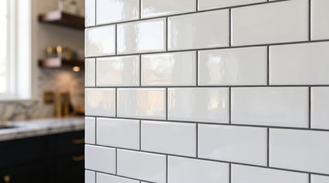 Ceramic tile wall installed as glossy rectangular subway pattern forming kitchen backsplash in modern interior