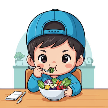 Vector illustration of a cute chibi boy wearing a blue backwards baseball cap and shirt, eating a fresh green vegetable salad from a bowl with a fork at a wooden table in a kitchen.