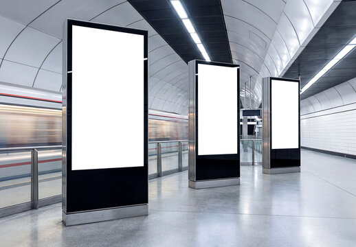 Three vertical billboards in bright clean airport interior Mockup. Generative ai