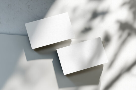 Two Business cards floating on white surface Mockup with soft leaves shadows. Generative ai