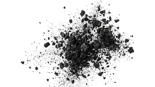 Coal explosion debris and dust particles isolated on transparent background, abstract.